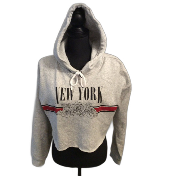 Garage Cropped Gray Hoodie Large L New York Roses - Picture 1 of 5